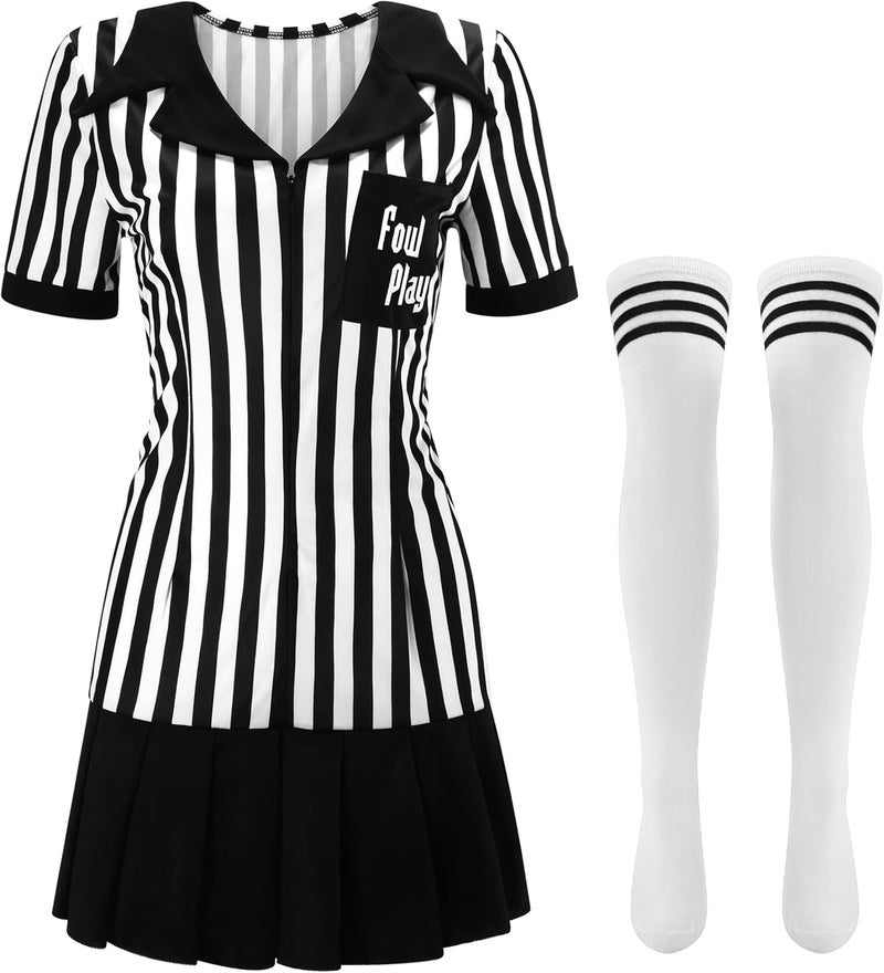 Yahenda Women Referee Costume White and Black Zipper Collar Stripe Shirt Skirt Outfit Long Sock for Halloween Cosplay - Image 1